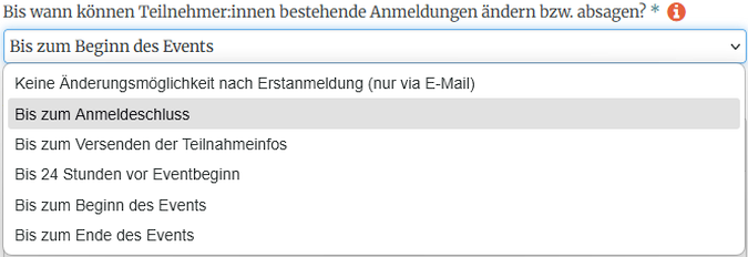 Einstellungen zum Einschränken von Anmeldungsänderungen und Absagen bei einer Veranstaltung