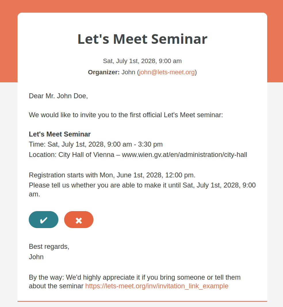 Invitation email with custom design and wording