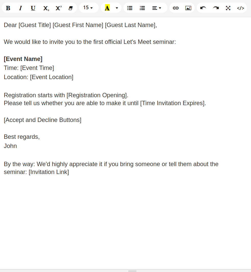 Customize the text of the invitation email by using placeholders for event and guest details