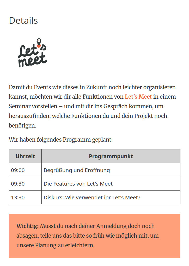 Beschreibung des Firmen-Events mit dem Programm als Tabelle, Bild, Link, und beliebiger Formatierung