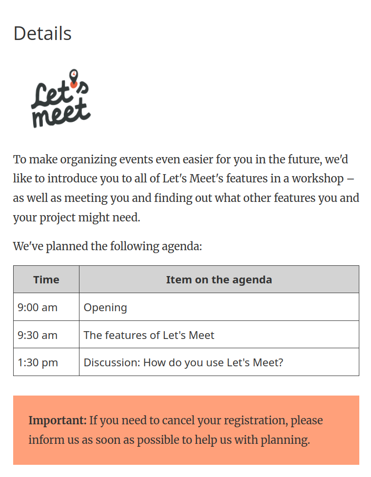 Description of the corporate event with agenda table, image, and custom formatting