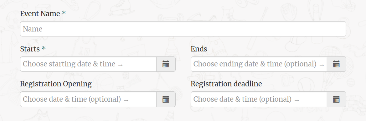 Fields for key details like event title, start and end times, opening and deadline of registration
