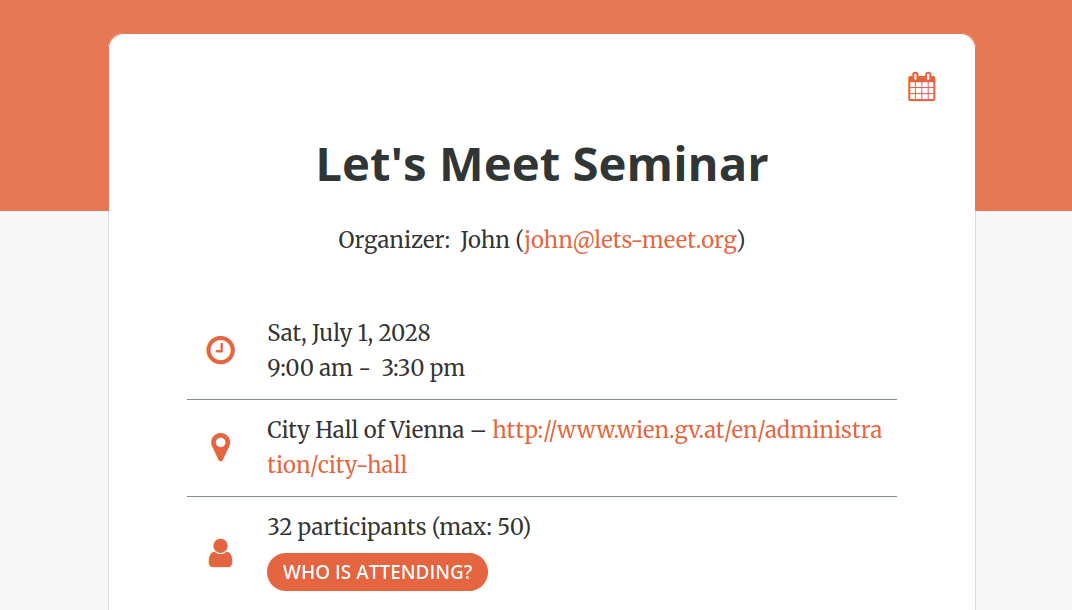 Display of event details with date and links to location and public guest list