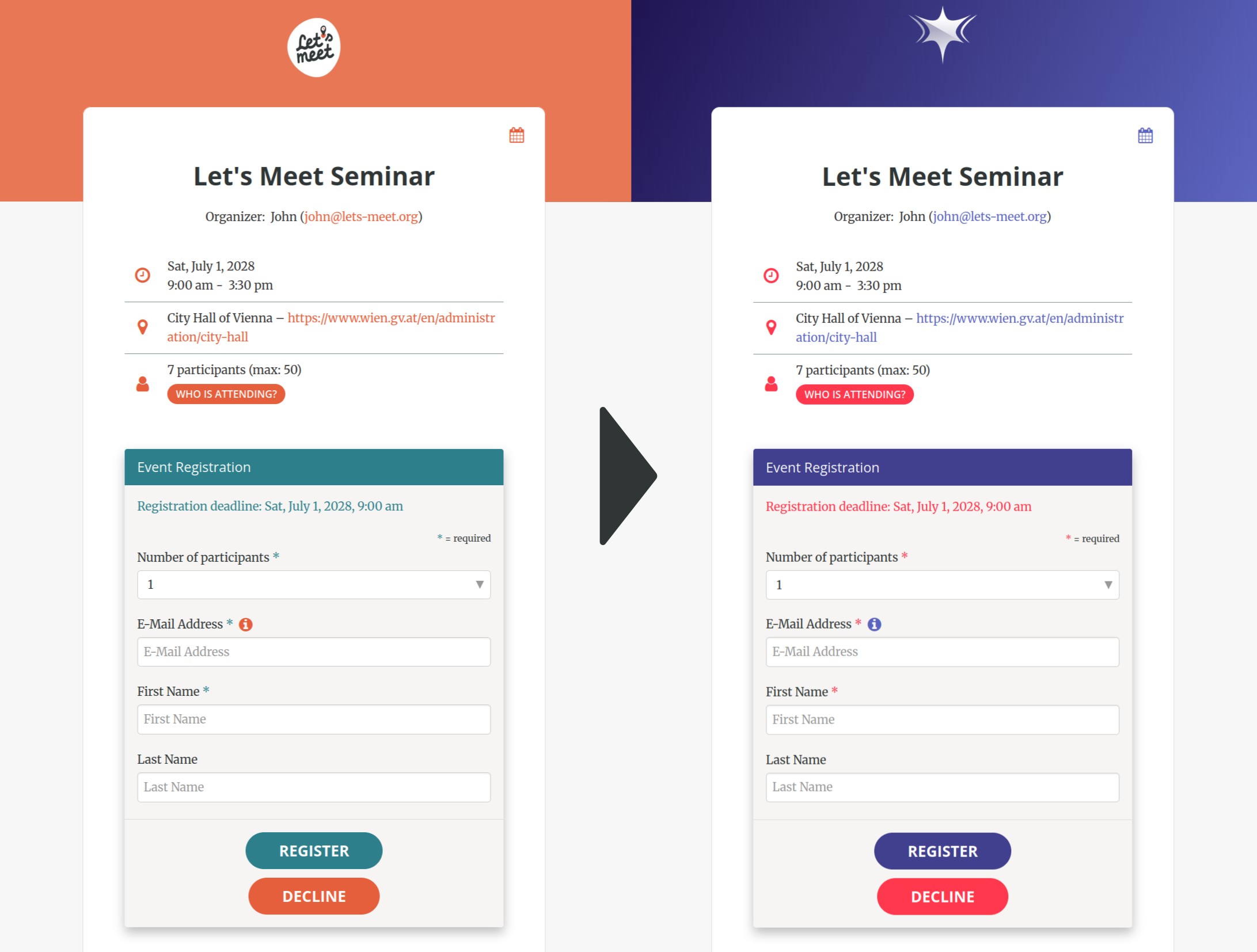 Customize the design of events and emails with a logo, image, and colors