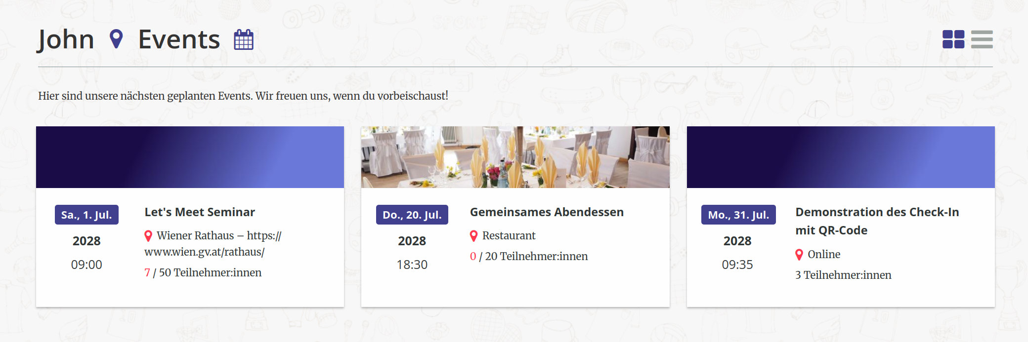 Öffentliche Liste mit allen geplanten Events