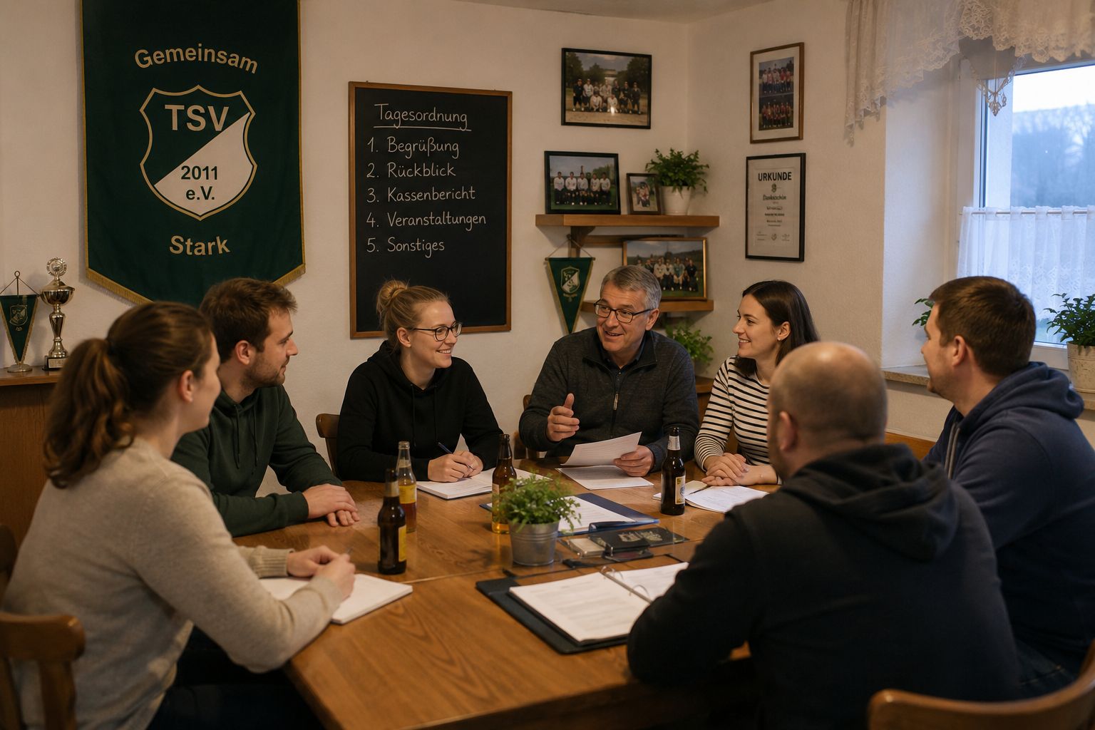 Mitglieder eines kleinen Vereins bei einer Mitgliederversammlung im Vereinsheim mit Tagesordnung und gemeinsamer Planung